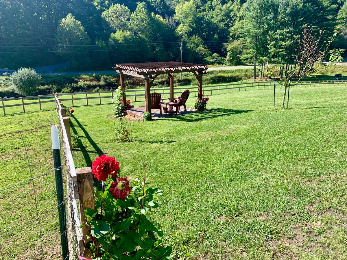 Pergola garden with flower beds on the grounds